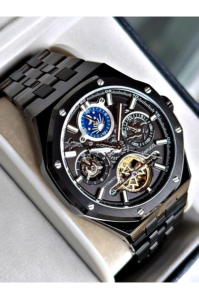 Ferrucci Black Color Mechanism Luxury Business Model Automatic Mechanism Men's Wrist Watch + Bracelet