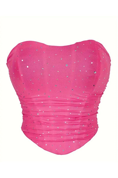 Y2K Straplez Kadın Taşlı Crop Bluz