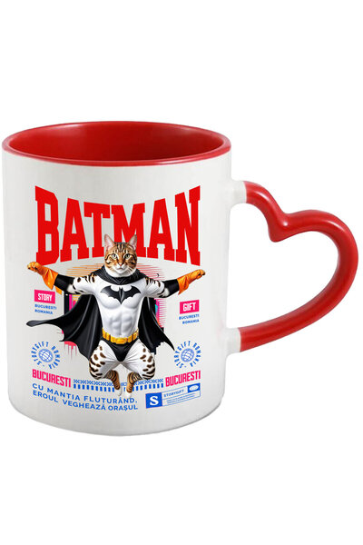 StoryGift Romania Cana cu Bengal Pisica In Costum de BatMan cu Pelerina, Erou Nocturn, Desene anim, Cu Maner Inim