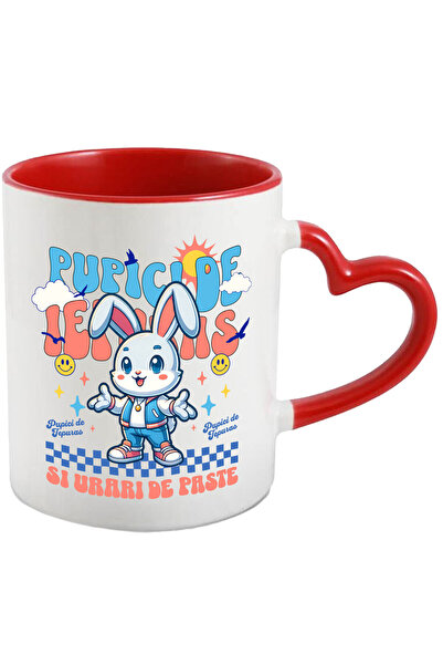 StoryGift Romania Cana cu Iepure Alb Cu Urechi Lungi Imbracaminte Moderna text Pupici De Iepuras S, Cu Maner Inim