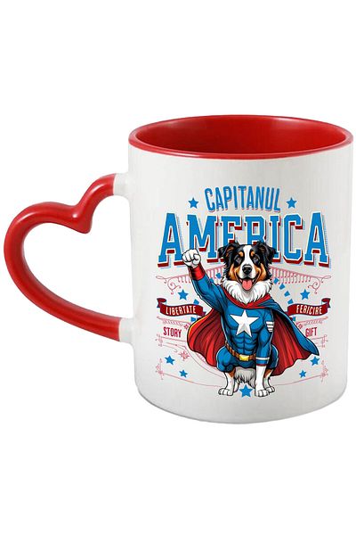 StoryGift Romania Cana cu Ciobănesc Australian / Australian Shepherd Caine In Costum de Capitan Am, Cu Maner Inim