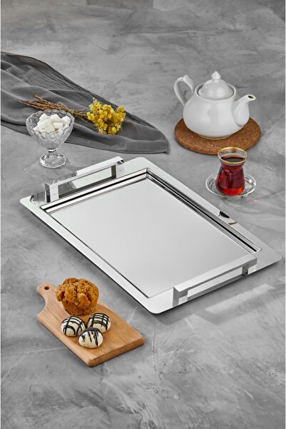 bersachef Karadelen 18/10 Cr-ni Paslanmaz Silver Ikramlık Sunumluk Servis Ve Çay Tepsisi