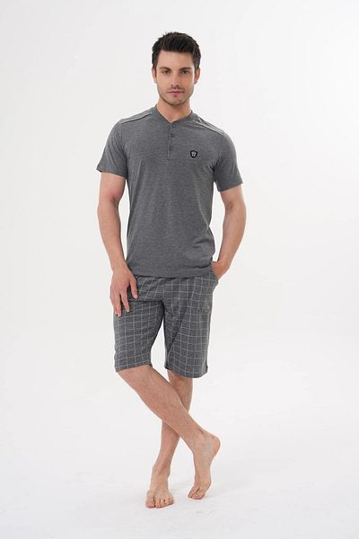 LOHOUSE Men's Smoked Half Button Short Sleeve Plus Size Pajamas and Shorts 3 Piece Set