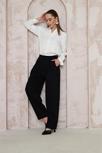 LA PANTE Elastic Waist Pol Leg Wide Cut Black Women's Trousers