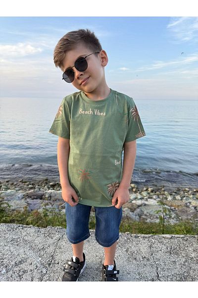 Pollito Boy's Khaki T-Shirt and Denim Shorts - Palm Print, 2-Piece Set
