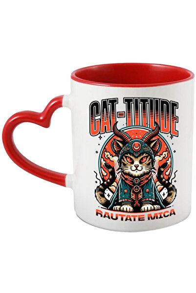 StoryGift Romania Cana cu Pisica Bizara Stil asiatic Ochii Rosi, Text Cat-titude Rautate Mica, Cer, Cu Maner Inim