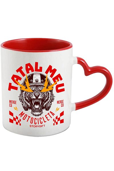 StoryGift Romania Cana cu Tigru Furios Cu Casca Protectie Colti Lungi Text Tatal Meu Merge Cu Moto, Cu Maner Inim