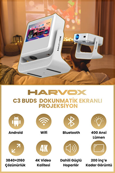 HARVOX C3 Buds Ekranlı Projeksiyon Cihazı Taşınabilir Android Sistemli Wifi HDMI USB Destekli Projektör