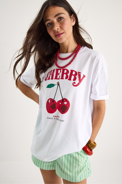 Bianco Lucci Γυναικείο μπλουζάκι Cherry Printed Oversize Basic βαμβακερό 04025 60284052