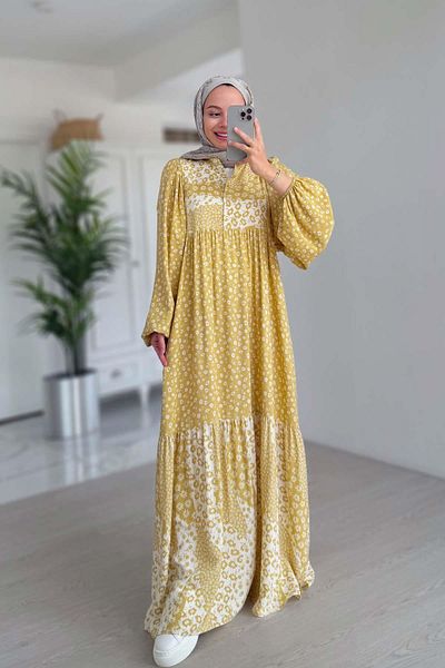 Ka Hijab Floral Patterned Belted Dress - Yellow