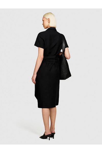 Sisley Linen Blend Shirt Collar Waist Part Elastic Dress Women Black Shirt - 324P40Brlv05L