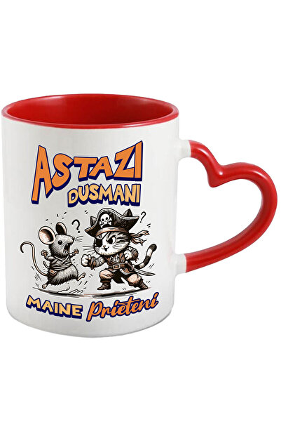 StoryGift Romania Cana cu Pisica Cu Palarie Pirat Si Soarece Lupta Desene Animate Text Astazi Dusm, Cu Maner Inim