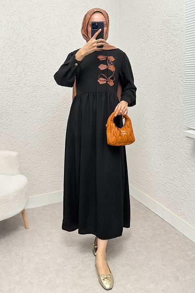 ALLMİRA FASHION Linen Dress with Leather Detail on the Front