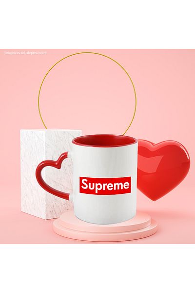 StoryGift Romania Cana cu Mesaj In Limba Engleza Lux Fashion Trend Rosu Text Supreme, Ceramica, 33, Cu Maner Inim