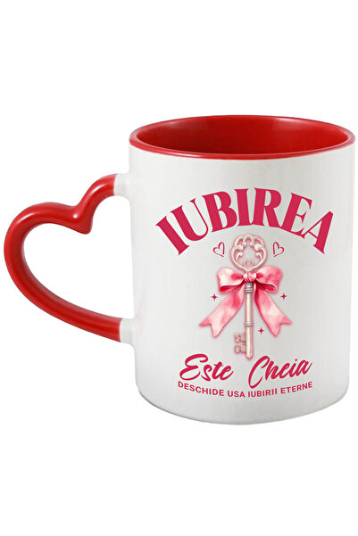 StoryGift Romania Cana cu Cheie De Argint Cu Funda Roz Text Iubirea Este Cheia Iubirii Eterne, Cer, Cu Maner Inim