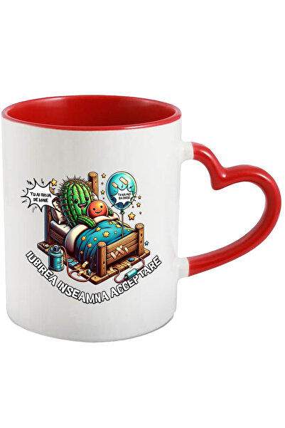 StoryGift Romania Cana Cuplu in pat cactus si balon acceptare defecte, 330ml, Ceramica cu Maner In, Cu Maner Inim