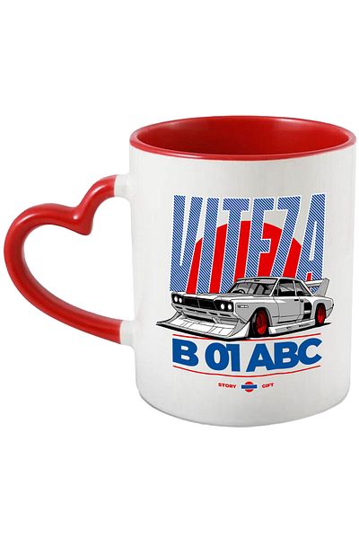 StoryGift Romania Cana cu Masina Gri De Curse Cu Roti Rosii Text Viteza B 01 ABC Motor Puternic Pa, Cu Maner Inim