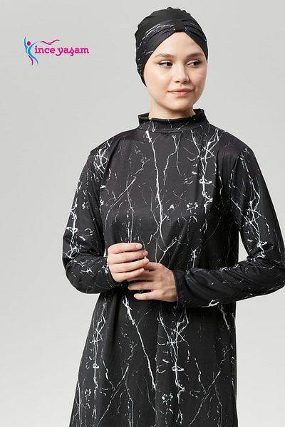 İNCEYAŞAM Fully Covered Water Repellent Quick Dry Hijab Swimsuit Suit Hijab Swimsuit Scalding Marble Pattern