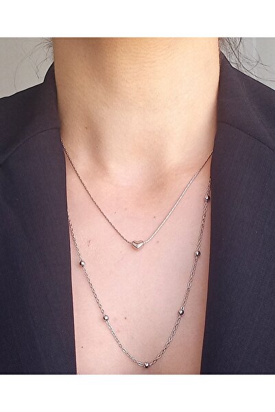 BNGaksesuar Çelik Gümüş Renk Çoklu Topçuklu Kalpli Kolye