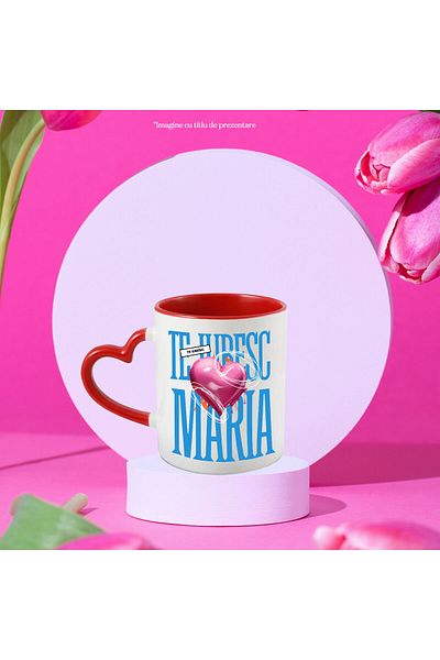 StoryGift Romania Cana Cu Mesaj Romantic Cu Inima Zburatoare Text Te Iubesc Maria, Valentine's Day, Cu Maner Inim Stg