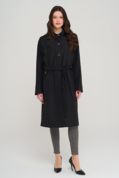 Olcay Gömlek Yaka Metal Aksesurarlı Büyük Beden Trençkot SİYAH 4304