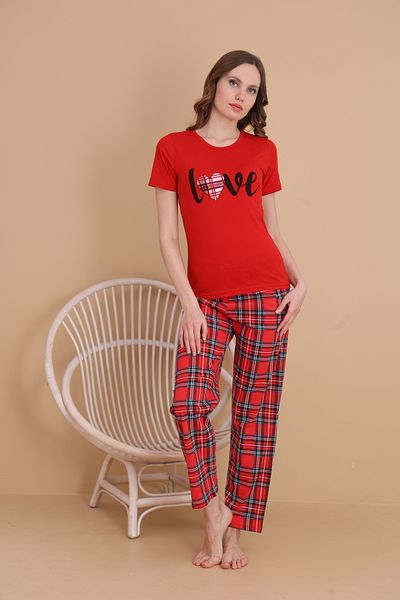 Mira Homewear Love Print Detailed, Six Plaid Short Sleeve Women's Pajamas Set Mr007