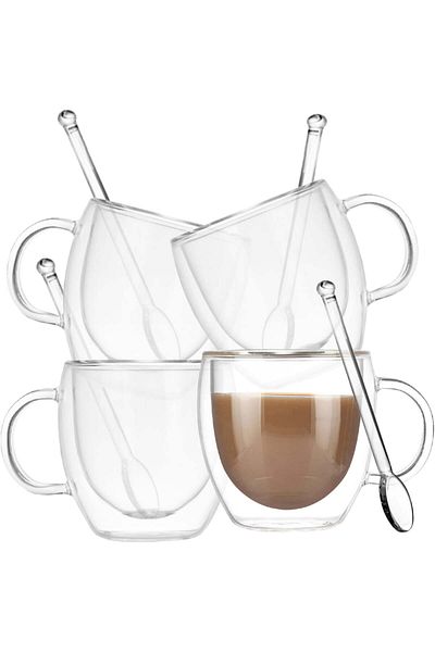 Quasar & Co. Set of 4 Double-Walled Mugs and 4 Spoons ®, Heat-Resistant Glass, 250ml