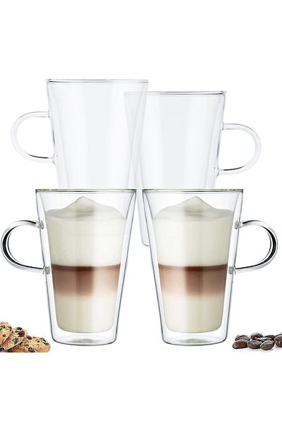 Quasar & Co. Set of 4 Dubli ® Double Walled Mugs, 400 Ml, Heat Resistant, Straight Model, Transparent
