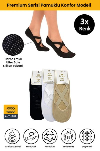 Dore Original Women's 3 Pairs of Non-Slip Pilates Yoga Dance Plates Non-Slip Sole Socks for Ballet 3 X Colors