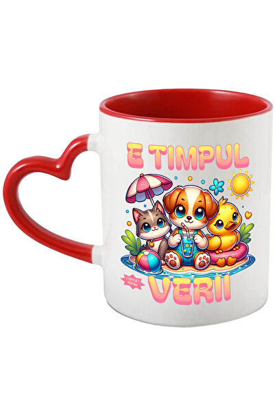 StoryGift Romania Cana E timpul verii animale la plaja copii desene animate, 330ml, Ceramica cu Ma, Cu Maner Inim