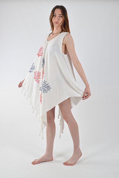 REİNA TEKS Bell Dress Red-Blue Coral Print Asymmetric Dress Cotton Viscon Beach 1Pc Pareo Beachwear