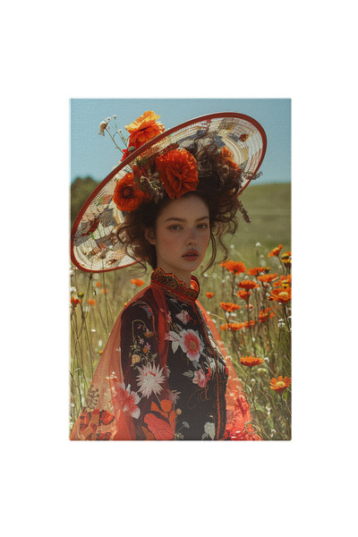 StoryGift Romania Tablou Canvas Sublimitatea Fetei Cu Pălărie Roșie Înconjurată De Natură Portret Floral Complex