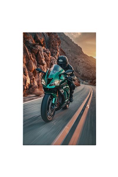 StoryGift Romania Tablou Canvas Barbat In Costum Negru Si Casca De Protectie Pe O Motocicleta Verde Merge Cu Vit