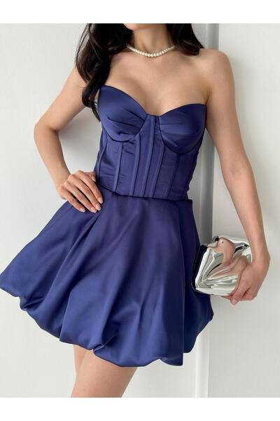 Serica Moda Lacivert Korse Detaylı Balon Etekli Mini Abiye