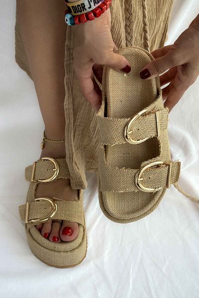 Shoebutik Papuci de damă Giza Straw Natural cu toc înalt