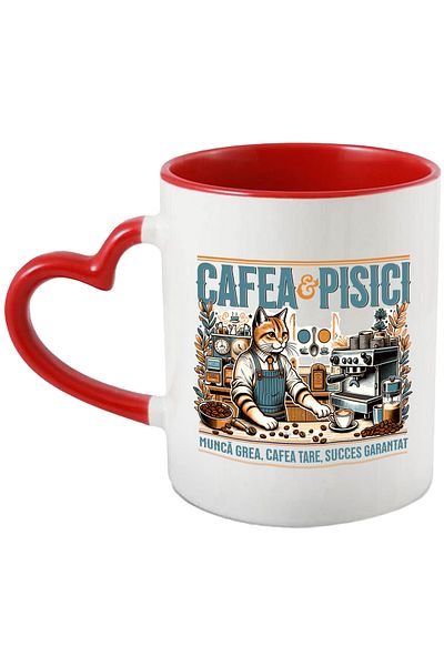 StoryGift Romania Cana cafea si pisici barista iubitorii de motan, 330ml, Ceramica cu Maner Inima , Cu Maner Inim