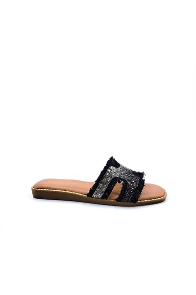 Guja Black Women's Slippers with Flat Sole Stones and Tassels