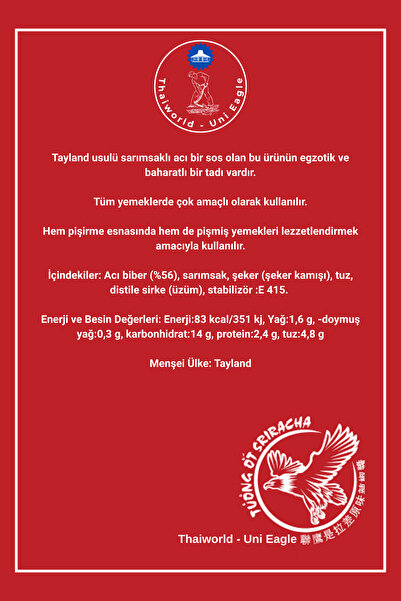 Thaiworld - Uni Eagle Sriracha Acı Biber Sosu 475 Gr