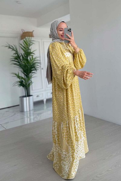 Ka Hijab Floral Patterned Belted Dress - Yellow