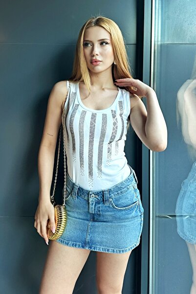 RICH GLAM Slim Fit Leopard Crystal Stone Λευκό βαμβακερό γυναικείο κομψό εσώρουχο Αμάνικο μπλουζάκι με χοντρό λουράκι