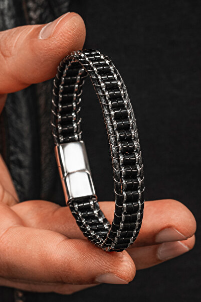 OSMANLI GÜMÜŞ Erkek Kadın Siyah Hematit Taşı Deri Kordon Doğal Taş Bileklik