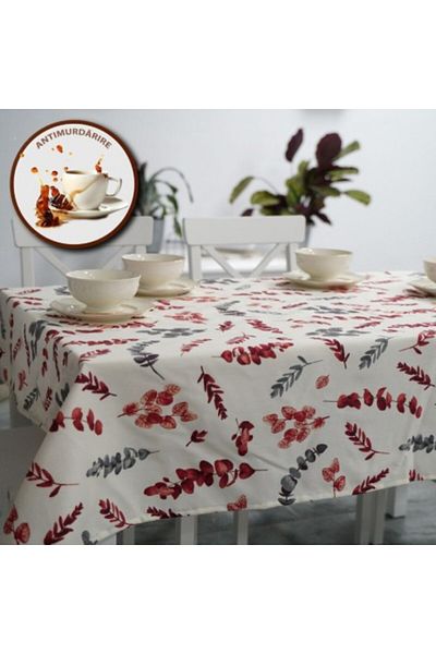 Pucioasa Față de masă din bumbac acoperită cu teflon, 160x320 cm, frunze roșii și gri