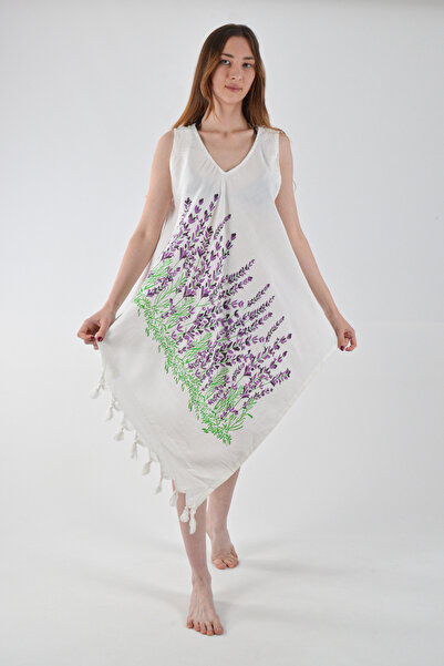REİNA TEKS Сукня з асиметричним кроєм, з лавандовим візерунком, бавовняна віскозна пляжна сукня, 1 шт. Парео Beachwear
