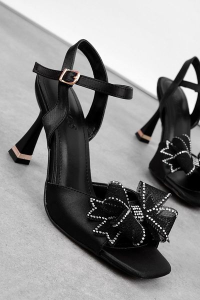 Lal Shoes & Bags Aster Women's Open Front Ribbon Detailed Heeled Shoes-Black