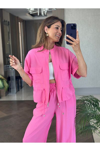 BELLA FASHION Lace-Up Short Sleeve Pink Jacket Pants Set