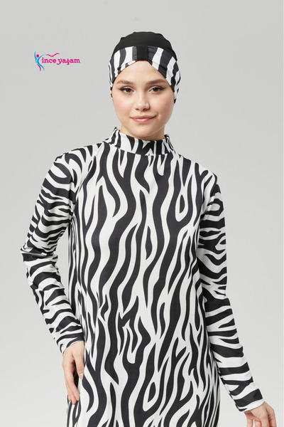 Genel Markalar Tam Kapalı Su İtici Hızlı Kuruyan Tesettür Mayo Takım Tesettür Mayo Haşama Zebra Desenli