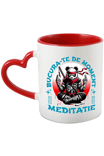 StoryGift Romania Cana cu Urs Panda Costum Ninja Si Sabie Stil Asiatic Text Bucura-te De Moment Me, Cu Maner Inim