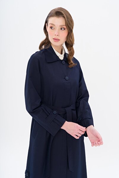 Olcay Shirt Collar Side Slit Lined Water Repellent Long Trench Coat Dark Blue 6700