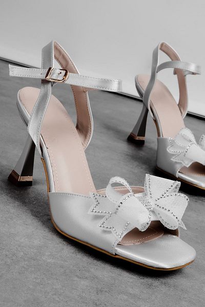 Lal Shoes & Bags Aster Women's Open Front Ribbon Detailed Heeled Shoes-Grey