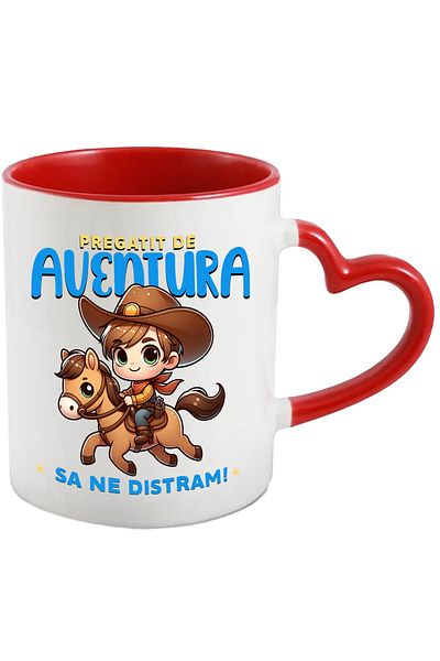 StoryGift Romania Cana cu Baiat Cu Palarie De Cowboy Si Insigna Calare Cal Text Pregatit De Avent, Cu Maner Inim